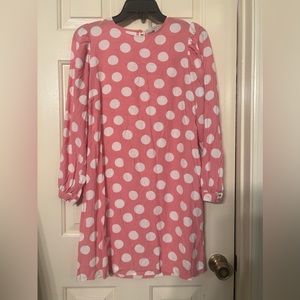 Loft Sz Small Pink Dress White Polka Dots Long Sleeve Puff Sleeve